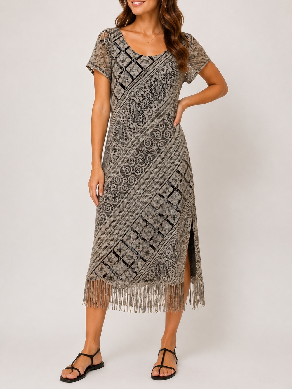 Boho Crochet Lace Fringe Maxi Dress Black Beige Harlow Size 12